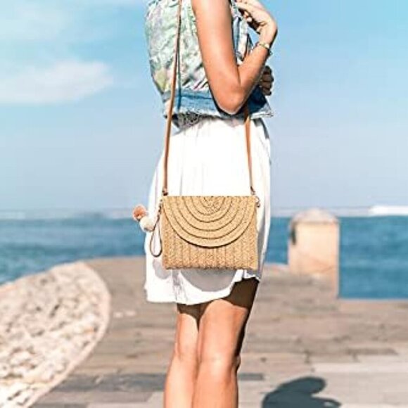 Straw Clutch Bag Women Woven Purse Shoulder Casual Beach Handbag Wallet - Picture 6 of 7